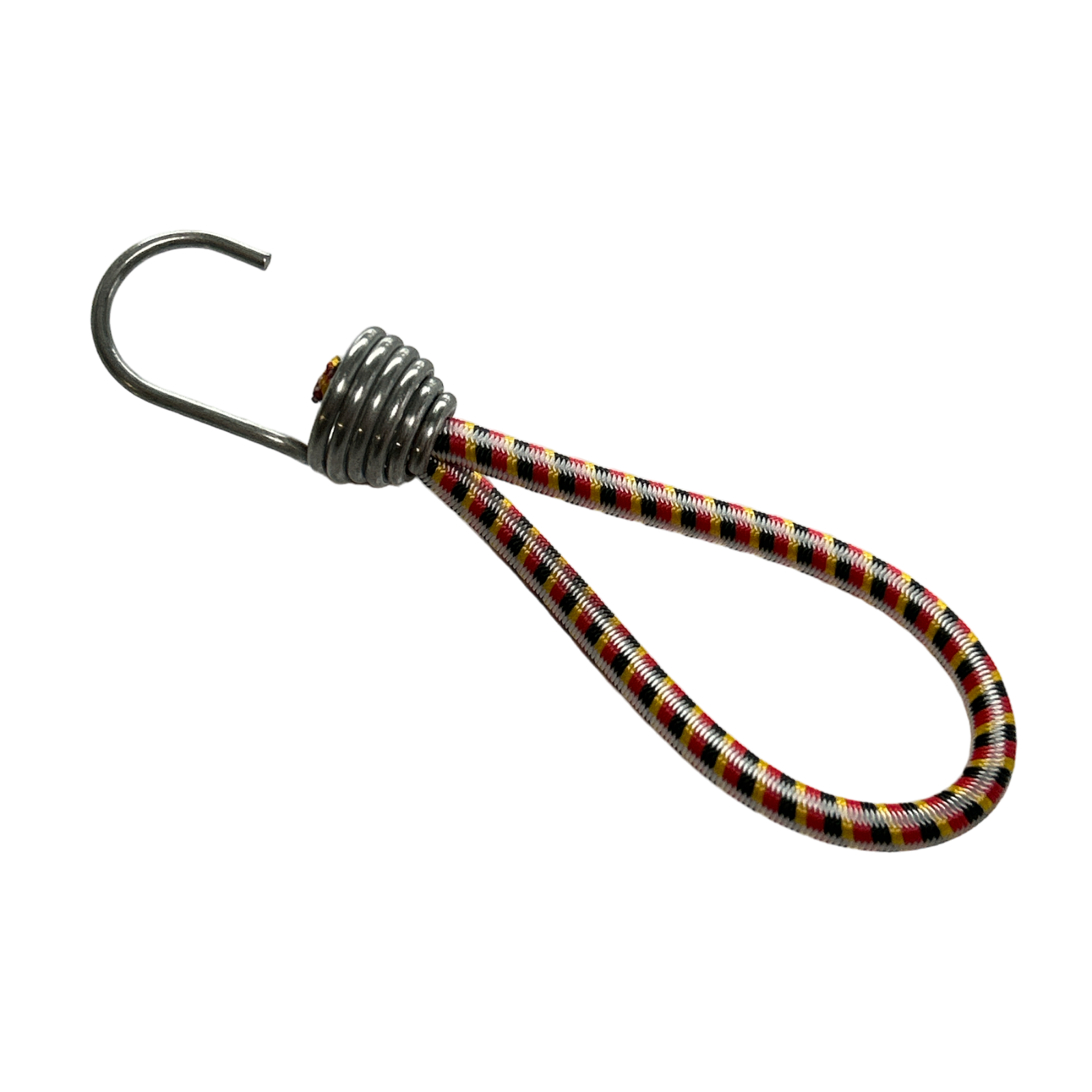 Zur Öse gelegtes witterungsbeständiges elastisches Expanderseil mit eingespritztem Metallhaken