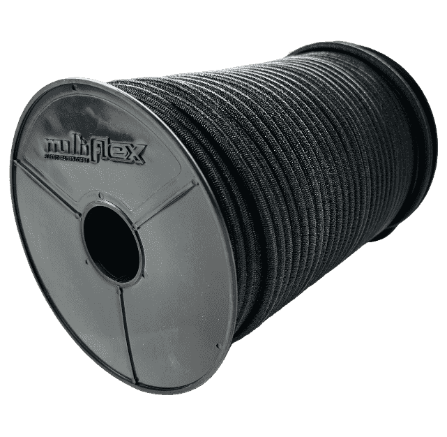 Sauber aufgespultes dehnbares schwarzes rundgeflochtenes Expanderseil, Ø 8 mm