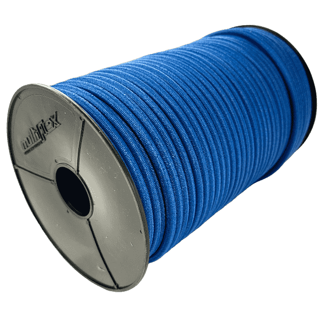 Zu einem Wickel gelegtes hochelastisches blaues geflochtenes Spanngummiseil, Ø 8 mm