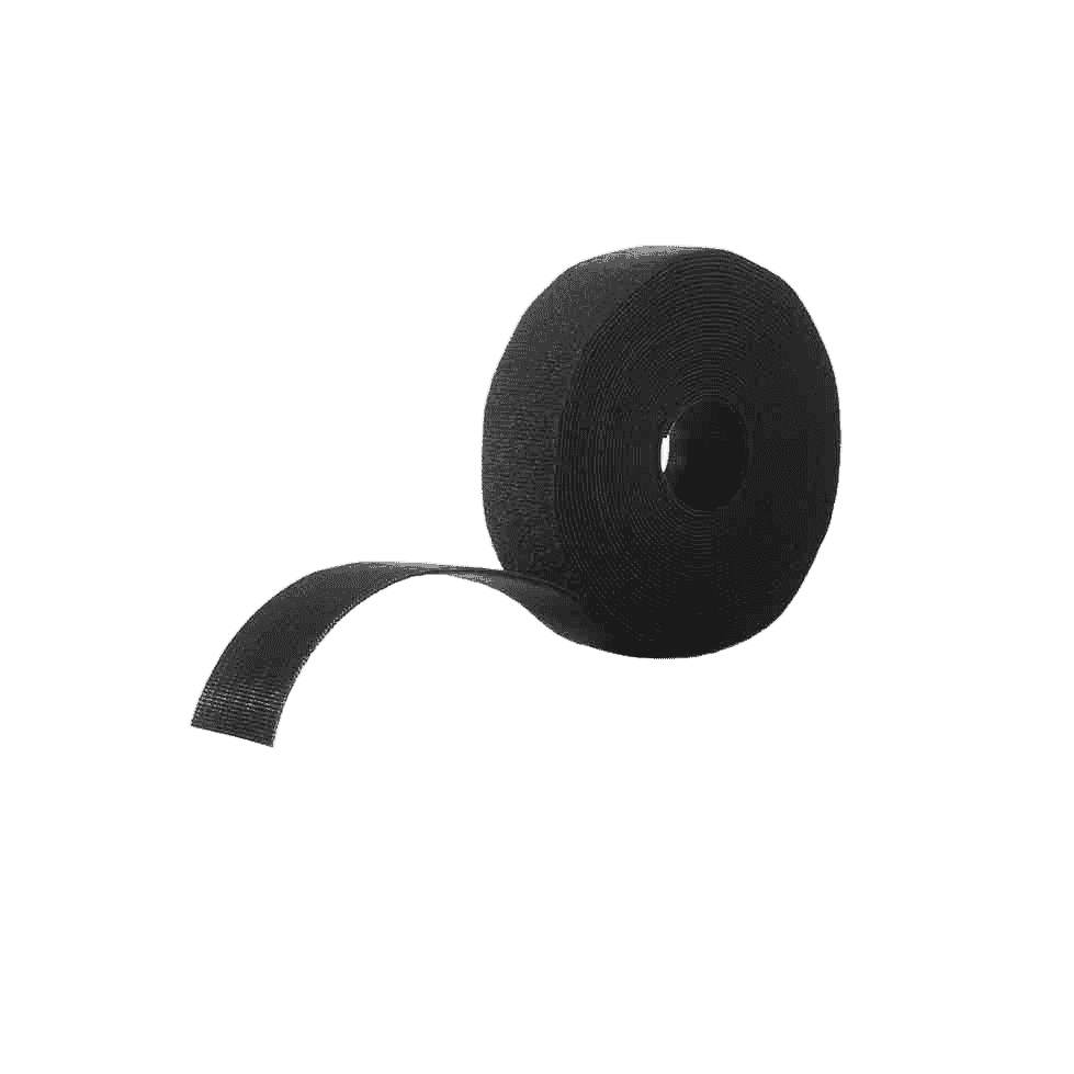 Schwarzes Klettband (Hook-and-Loop) als aufgerollte Bandware, Nahaufnahme