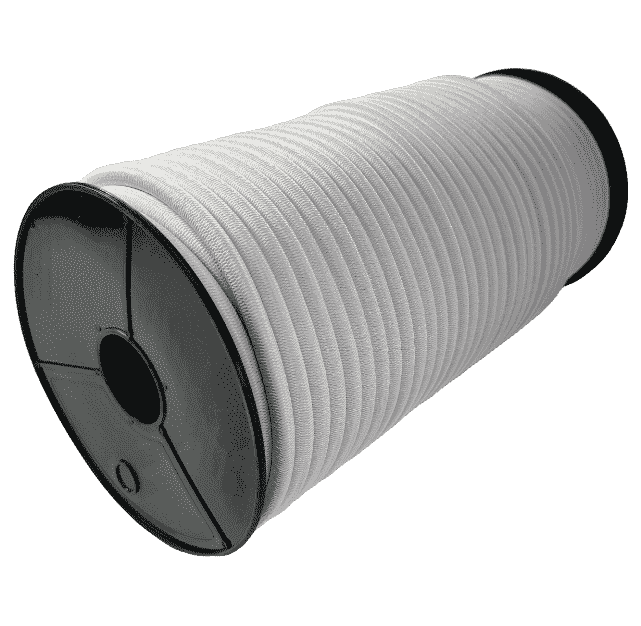 Expanderseil 10mm Multiflex PES: weißes Gummiseil dicht auf eine schwarze Kunststoffspule gewickelt, freigestellt