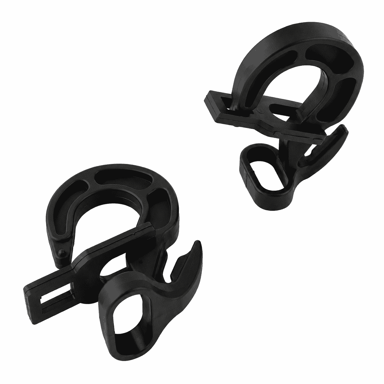 Zwei schwarze Easy-Fix-Haken aus Nylon mit offener Klemmöffnung, freigestellt auf weißem Hintergrund