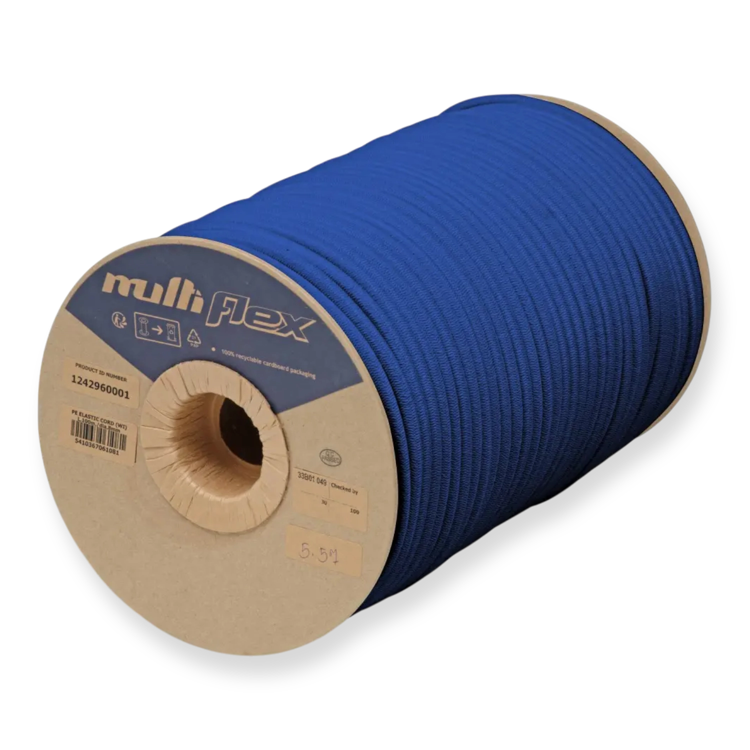 Auf einer Kunststoffspule aufgewickeltes reißfestes blaues rund geflochtenes Gummiseil als Meterware, Ø 8 mm