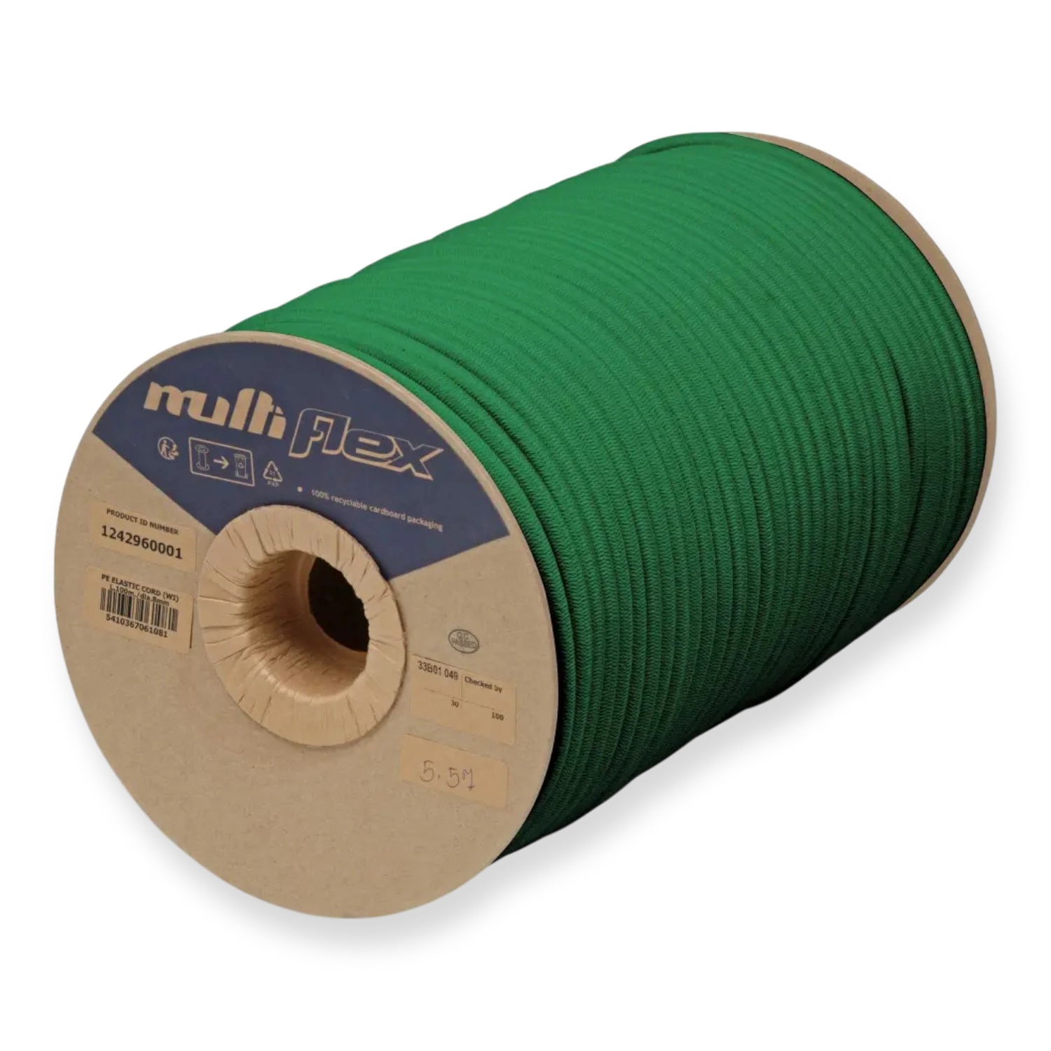 Zu einer vollen Rolle gewickeltes dehnbares grünes rundgeflochtenes Expanderseil, Ø 8 mm