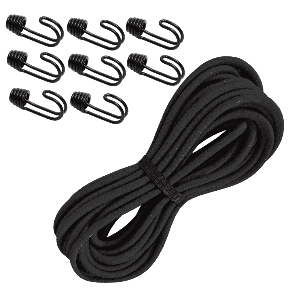 Expanderseil schwarz 8 mm, 10 m Spanngummi mit 8 Doppelspiralhaken im Set zum Sichern deiner Anhängerplane