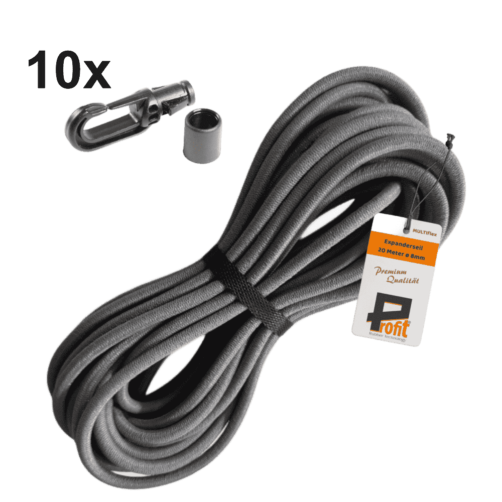 Graues Expanderseil 10 m, 8 mm mit 10 Karabinerhaken – Set zum Spannen deiner Plane oder Abdeckung