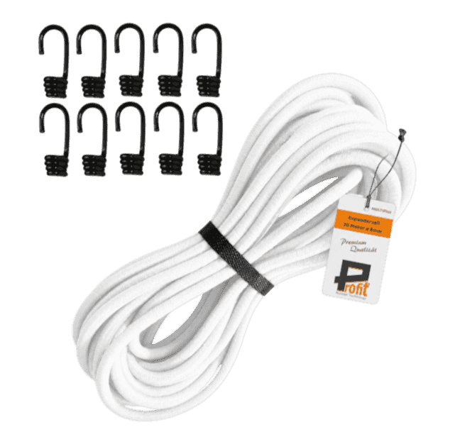 Expanderseil schwarz 8 mm, 10 m Gummiseil mit 10 Spiralhaken – Set zum Planen befestigen, das du direkt nutzen kannst