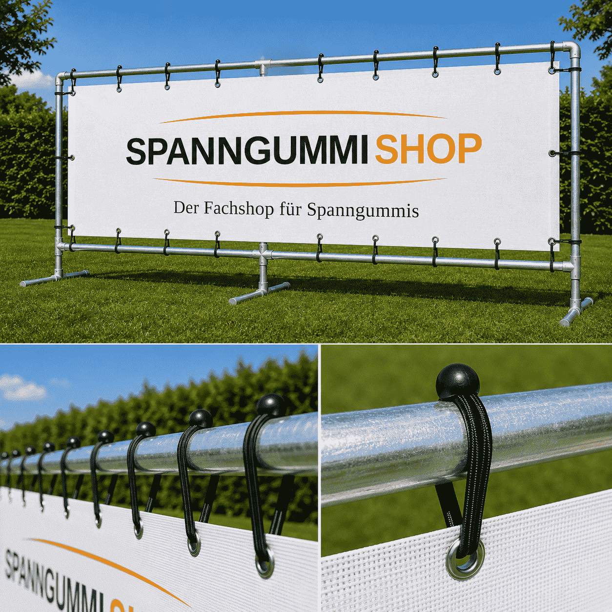 Schwarzes Gummiseil spannt ein weißes Banner an einer Ösenreihe – im Gebrauch