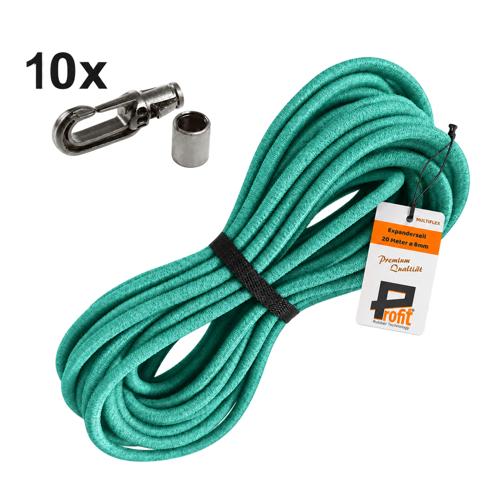 Set aus 10 Kunststoff-Karabinerhaken und grünem Gummiseil 10 m ø 8 mm zum Befestigen deiner Plane