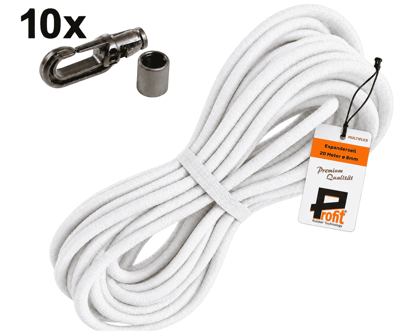 Set aus weißem Gummiseil 10 m, ø 8 mm mit Karabinerhaken – so befestigst du Planen, Netze und Ladung