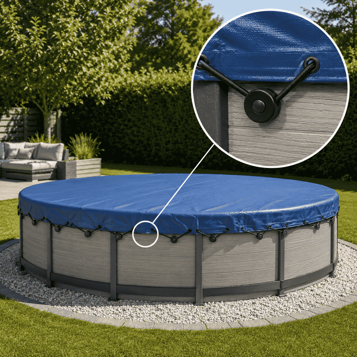 Ein runder Pool mit straff gespannter blauer Abdeckung, dessen Lupenansicht den schwarzen Einhängeknopf mit Gummiseil an der Öse zeigt