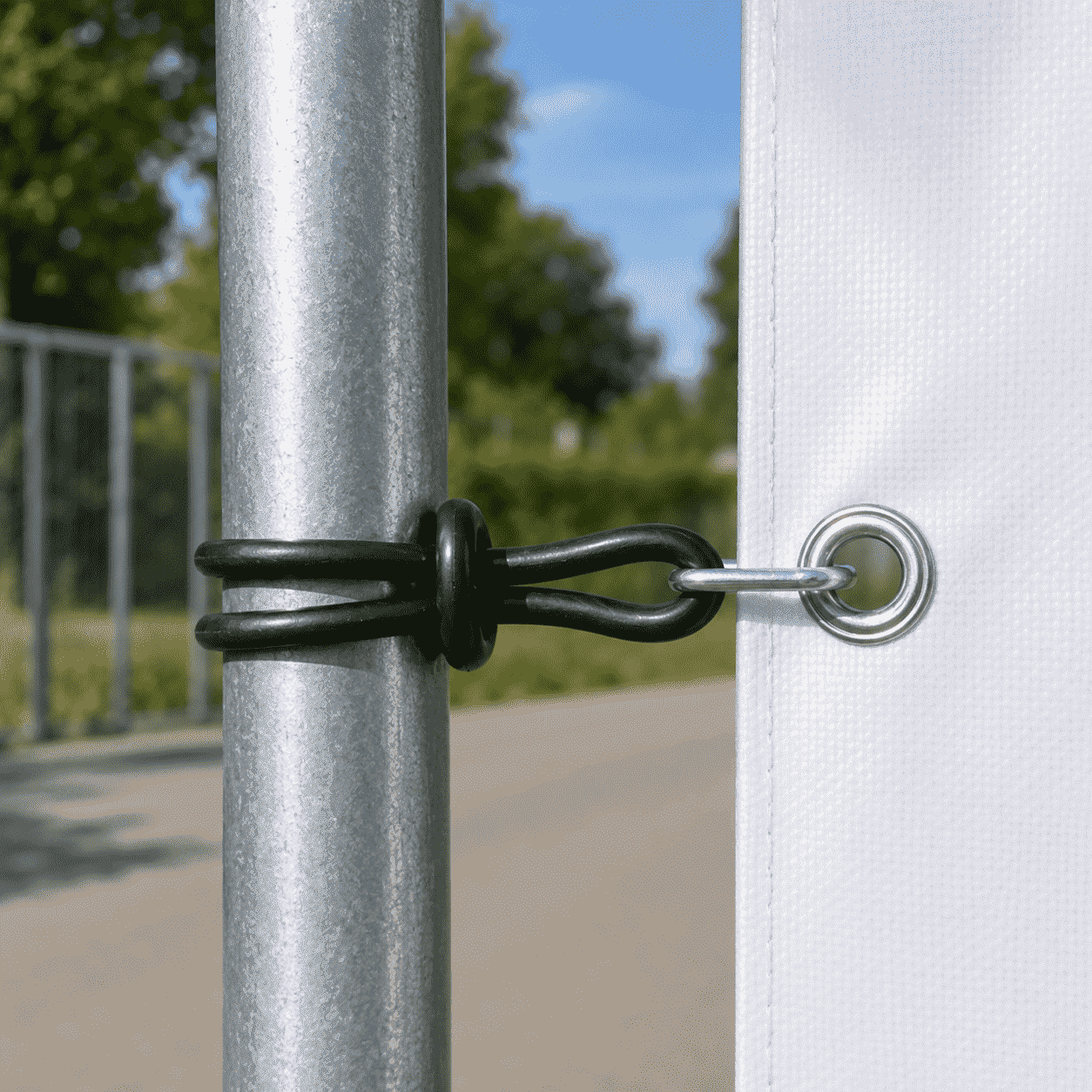 Schwarzer S-Haken verbindet ein schwarzes Rundgummi an einem verzinkten Rundpfosten mit der Metallöse einer weißen Bannerplane im Freien