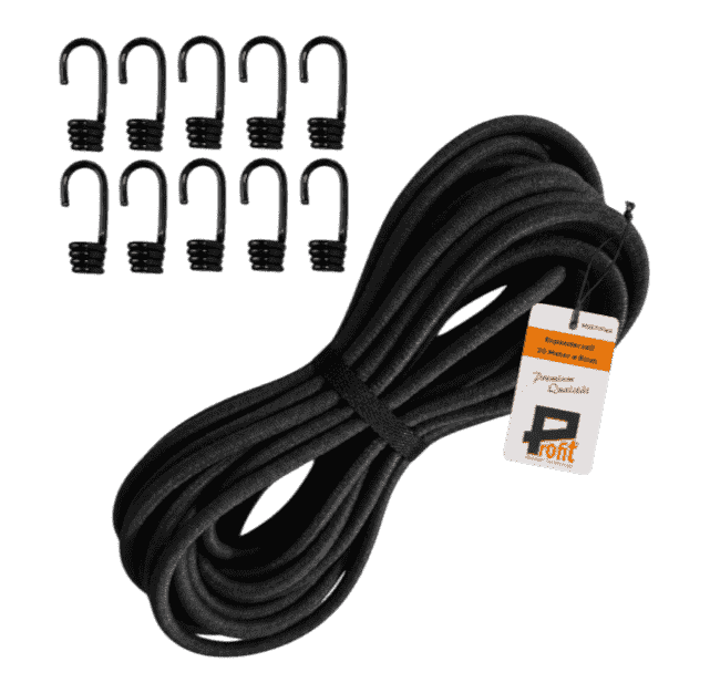 Schwarzes Expanderseil 8 mm, 10 m Gummiseil mit 10 Spiralhaken zum Sichern deiner Ladung und Planen