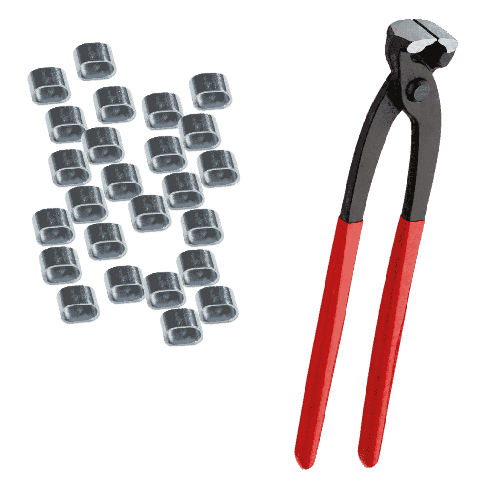 Zange für Würgeklemmen im Set mit je 25 Pressklemmen in 6, 8 und 10 mm für Drahtseil – so verbindest du Seilenden