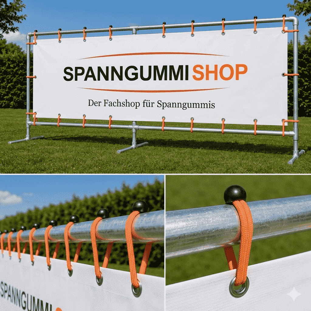 Neonoranges Expandergummi spannt ein weißes Banner an einer Ösenreihe – beim Befestigen
