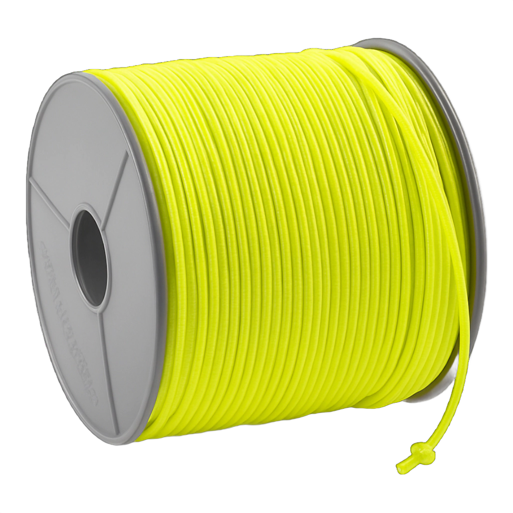 Fest auf eine Spule gewickeltes UV-beständiges neongelbes rund geflochtenes Gummiseil als Meterware, Ø 6 mm