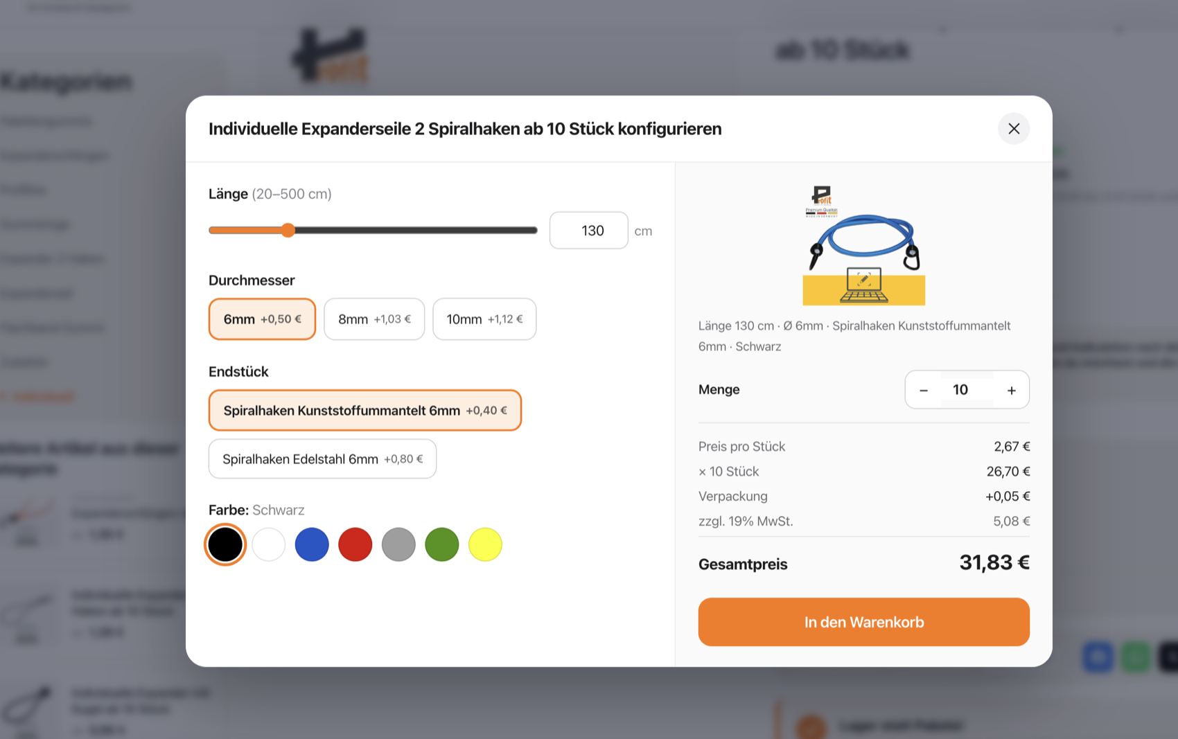 Online-Konfigurator für individuelle Expanderseile: Länge, Durchmesser, Endstück, Farbe und Echtzeit-Preis
