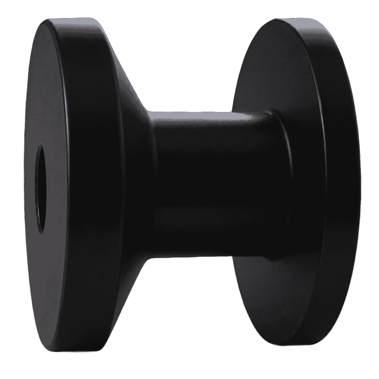 Der schwarze Kunststoff-Rundknopf mit umlaufender Rille und Mittelloch, in Seitenansicht