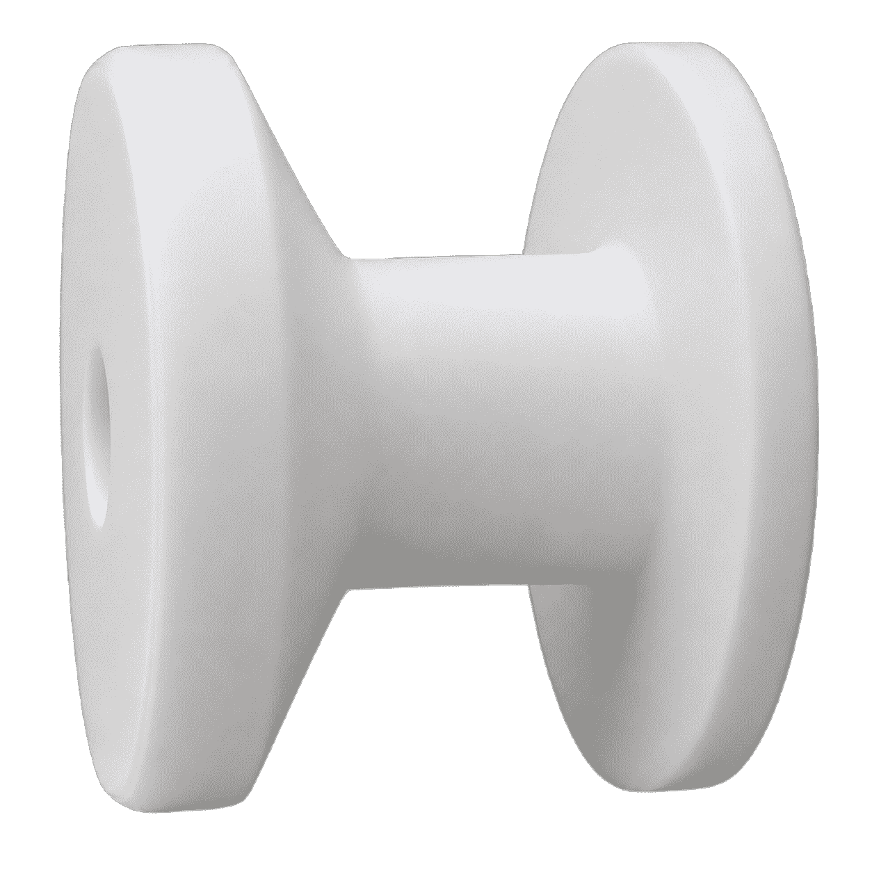 Ein weißer Rundknopf in Spulenform mit umlaufender Rille und Mittelloch, in Seitenansicht