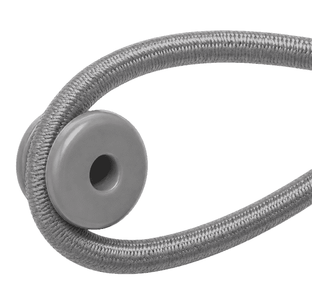 Ein grauer scheibenförmiger Rundknopf mit durchgeschlungenem grauem Expanderseil, das eine Schlaufe bildet