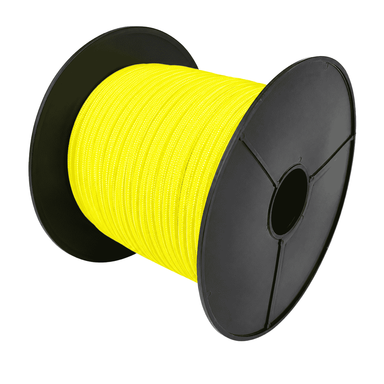 Zu einem Wickel gelegtes robustes neongelbes rund geflochtenes Gummiseil als Meterware, Ø 4 mm