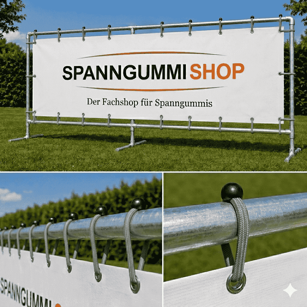 Silbergraues Spanngummi spannt eine Werbeplane an der Öse eines Rahmens – beim Befestigen