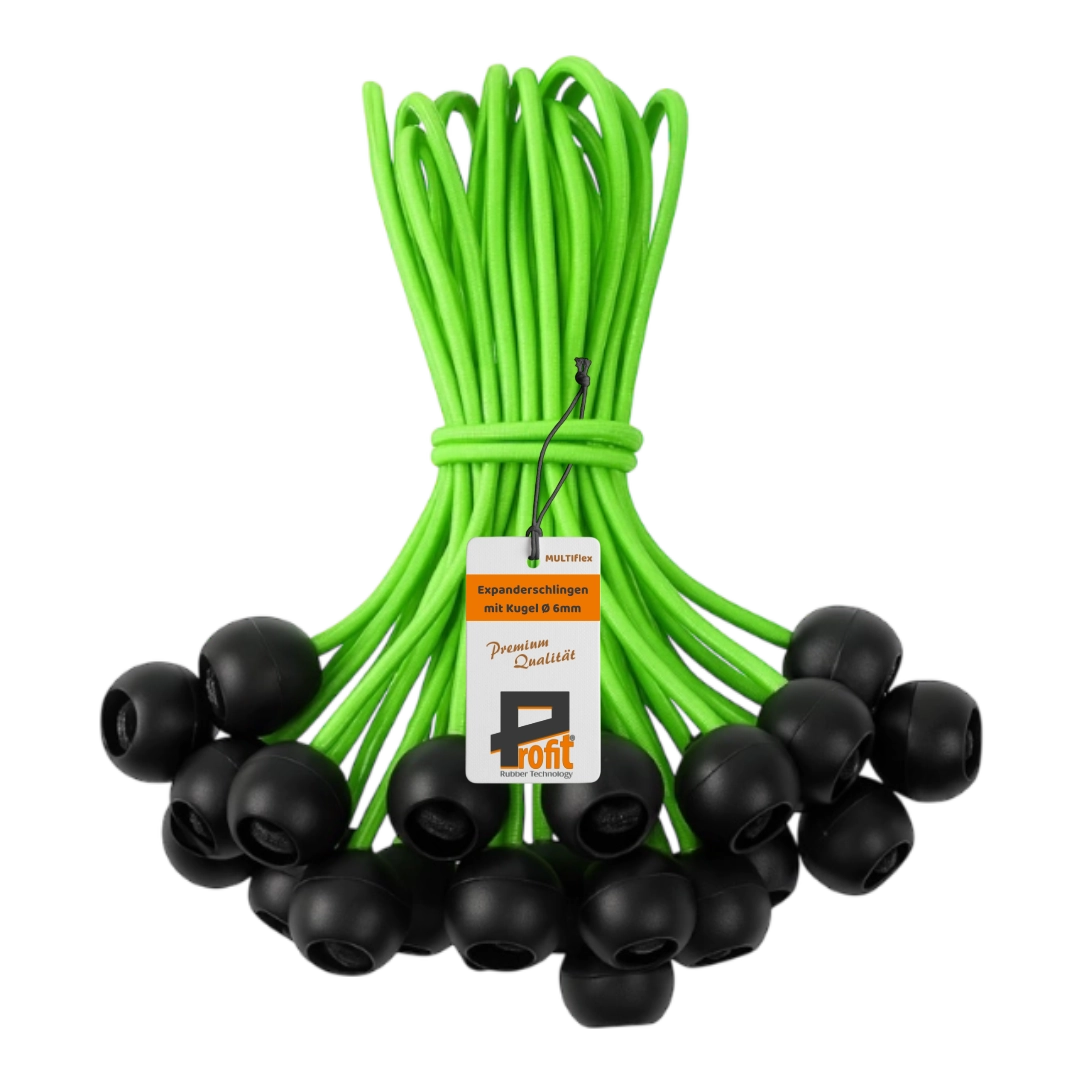 Zur Öse gebogenes robustes neongelbes Spanngummi mit angespritzter schwarzer Endkugel, als Produktfoto