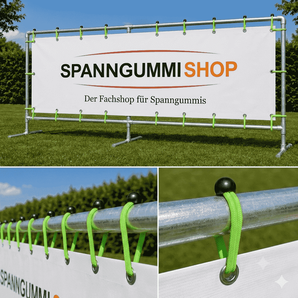 Neongrünes Spanngummi spannt ein weißes Banner an der Öse eines Rahmens – in der Anwendung