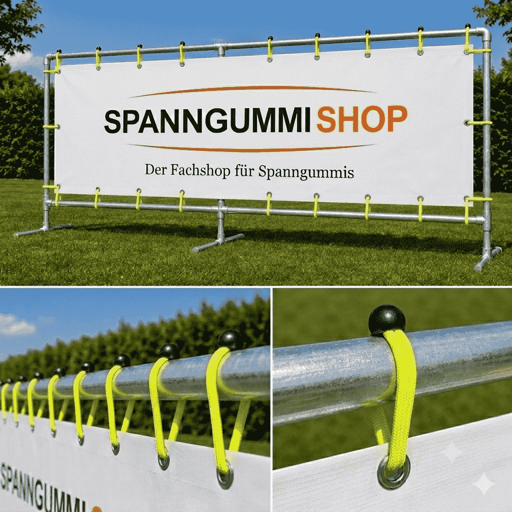 Neongelbes Expandergummi spannt ein weißes Banner rund um ein weißes Vierkantprofil – in der Anwendung
